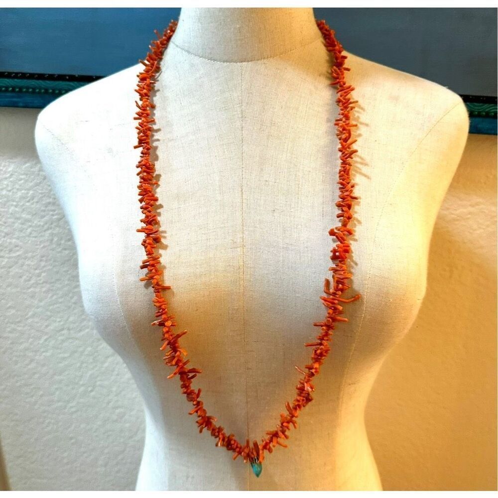 Vintage salmon colored branch coral necklace with turquoise pendant